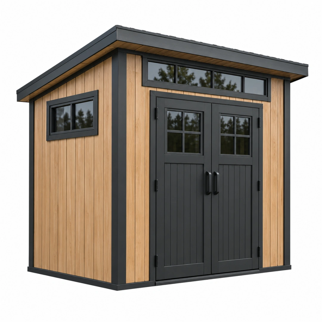 Abri de jardin 200 x 150 x 220 cm en bois naturel et métal noir à double porte style contemporain