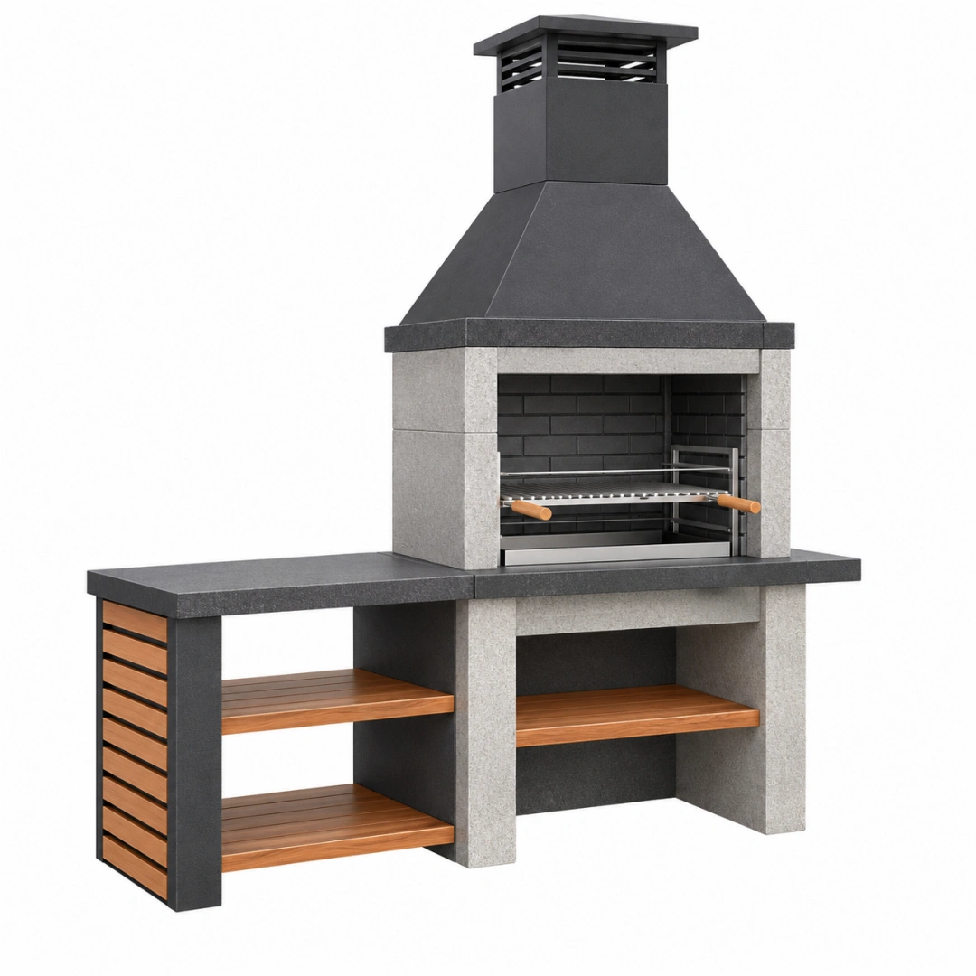 Barbecue de jardin 180 x 70 x 230 cm en béton et acier noir gris avec foyer ouvert
