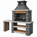 Barbecue de jardin fixe 220 x 70 x 235 cm en pierre grise et métal noir avec hotte et plan de travail