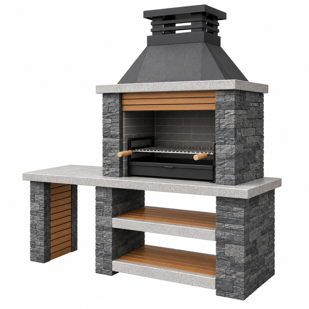 Barbecue de jardin fixe 220 x 70 x 235 cm en pierre grise et métal noir avec hotte et plan de travail