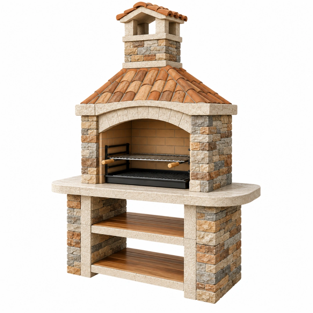 Barbecue extérieur 140 x 80 x 250 cm en pierre beige et terre cuite avec grilles style rustique