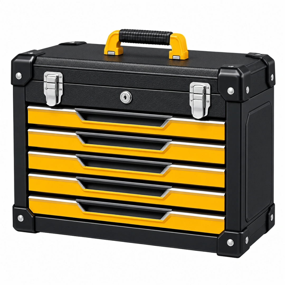 Coffre à outils 60 cm en acier noir et jaune à 5 tiroirs verrouillable