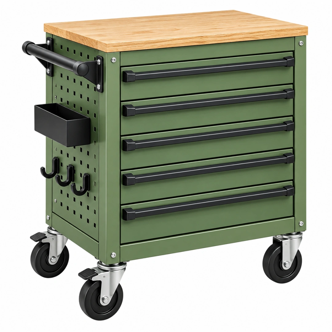 Desserte d'atelier 68 x 46 x 86 cm en métal vert avec plateau en bois à 5 tiroirs sur roulettes