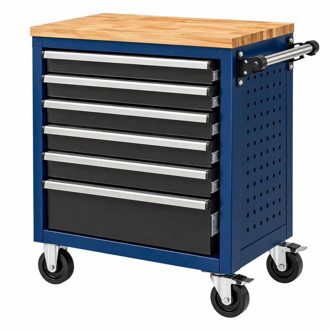 Servante d'atelier 77 x 46 x 97 cm acier bleu plateau bois 7 tiroirs mobile