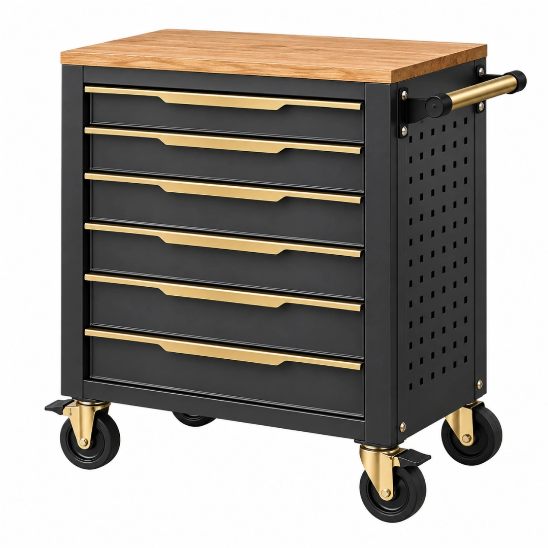 Servante d'atelier 76 x 46 x 91 cm en acier noir et bois avec 6 tiroirs sur roulettes