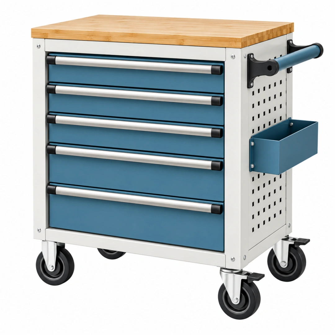Servante d'atelier 77 x 46 x 97 cm en acier bleu avec plateau en bambou et 6 tiroirs