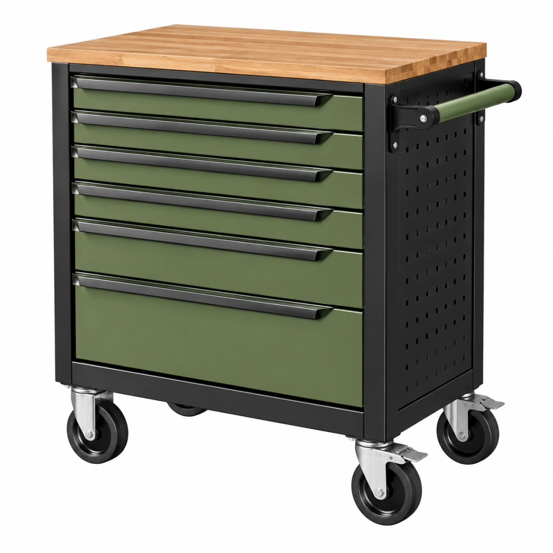Servante d atelier 76 x 46 x 96 cm en acier vert avec plateau en bois et roulettes