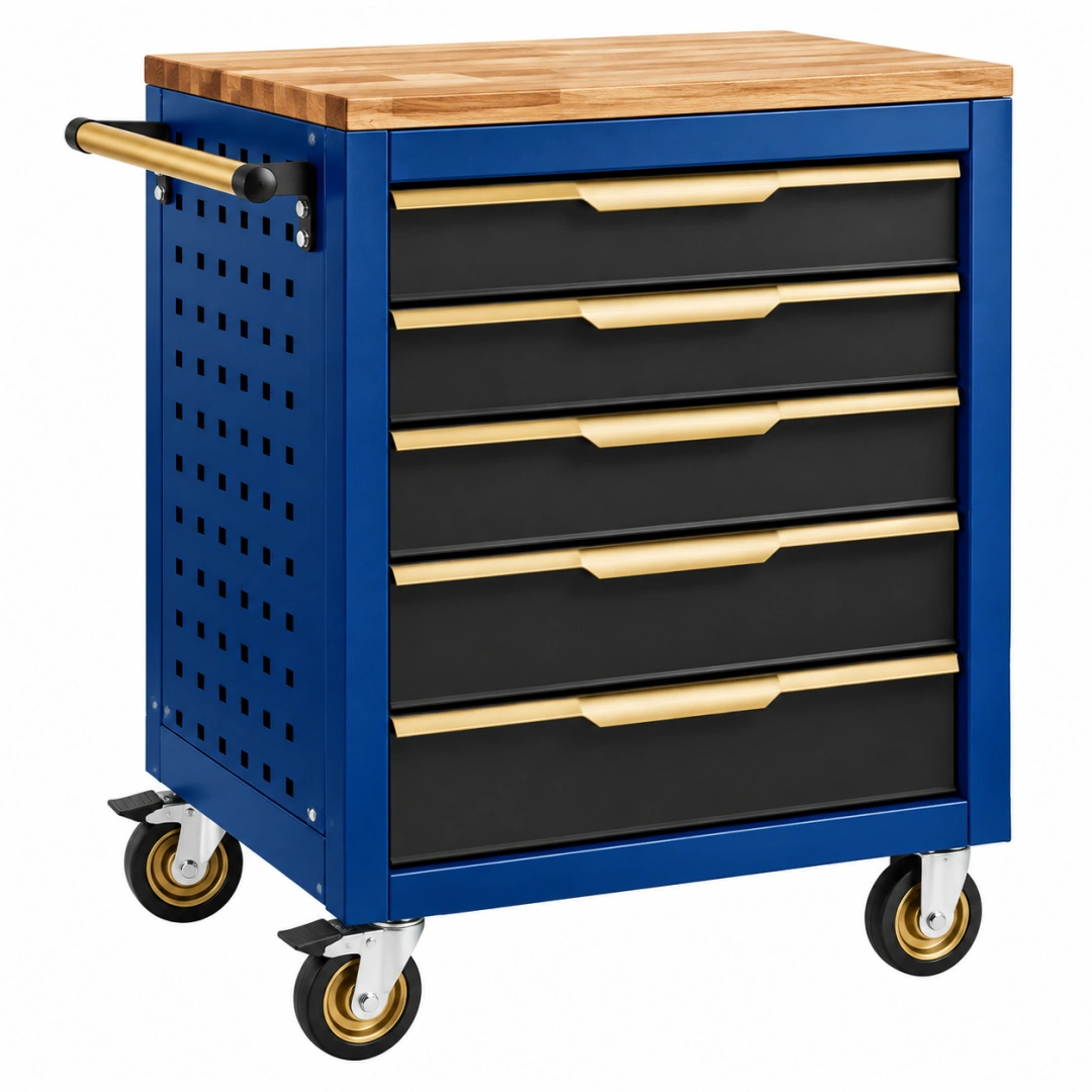 Servante d'atelier 77 x 46 x 95 cm en acier bleu avec plateau en bois et 5 tiroirs mobile