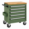 Servante d'atelier 75 x 46 x 90 cm en acier vert avec plateau en bois et 5 tiroirs sur roulettes