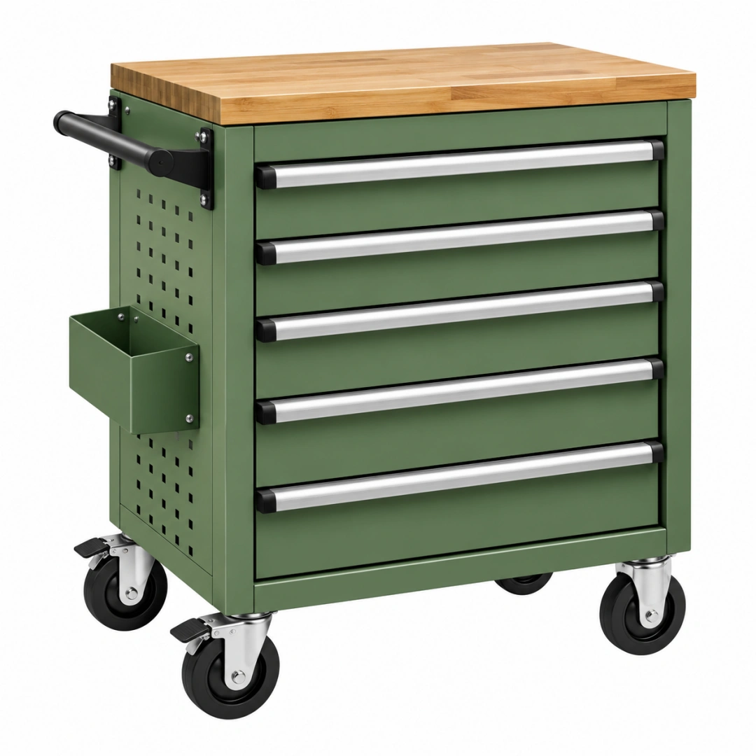 Servante d'atelier 75 x 46 x 90 cm en acier vert avec plateau en bois et 5 tiroirs sur roulettes