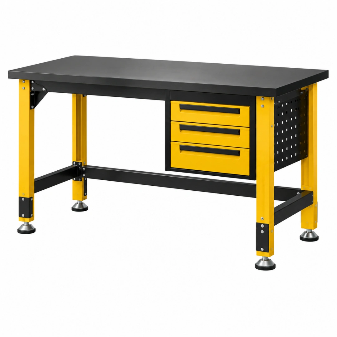 Établi d'atelier 120 x 60 x 90 cm en métal jaune et noir avec 3 tiroirs