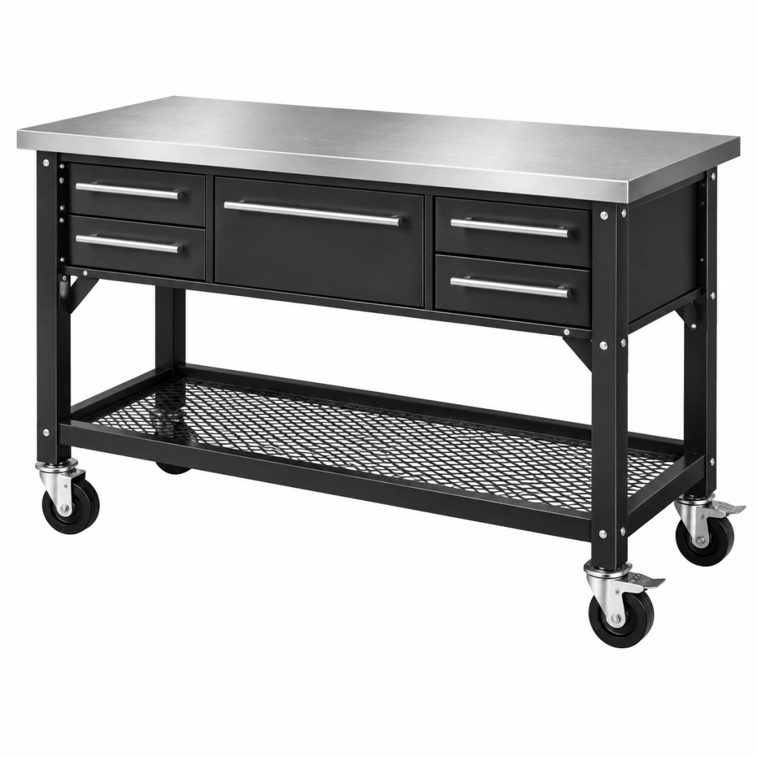 Établi d'atelier 152 x 61 x 94 cm en acier noir et inox avec 5 tiroirs sur roulettes