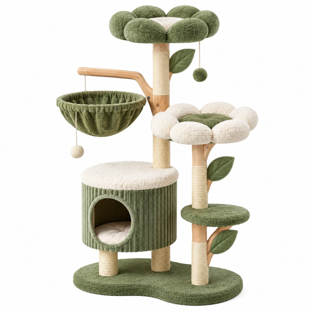Arbre à chat 70 x 60 x 145 cm en bois vert et crème avec griffoirs en sisal et niches