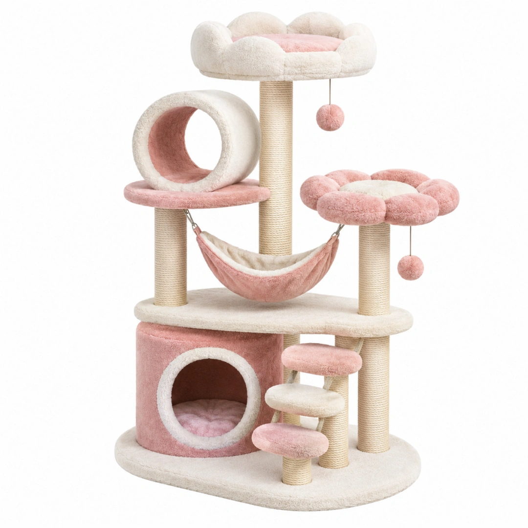 Arbre à chat 60 x 50 x 145 cm rose et crème en peluche avec griffoirs et hamac