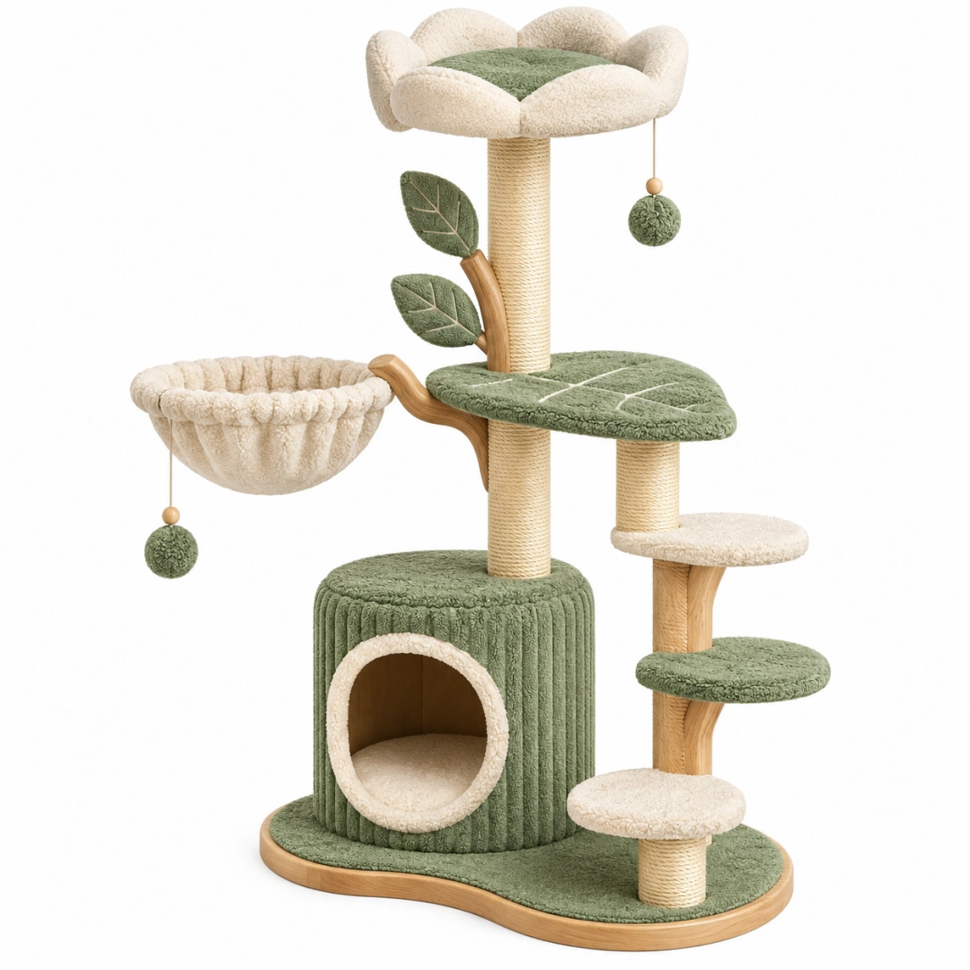 Arbre à chat 70 x 50 x 145 cm vert crème en sisal et peluche avec plateformes et griffoirs