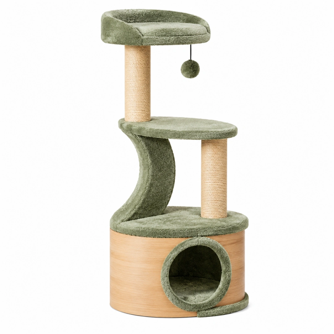 Arbre à chat 50 x 50 x 120 cm vert en bois tissu peluche et sisal avec niche griffoirs et perchoir