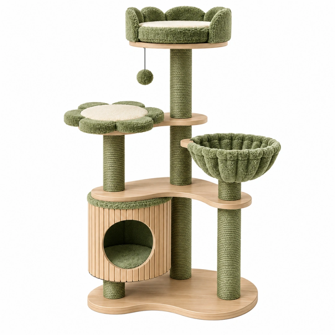 Arbre à chat 60 x 50 x 145 cm en bois et sisal vert avec niches et plateformes
