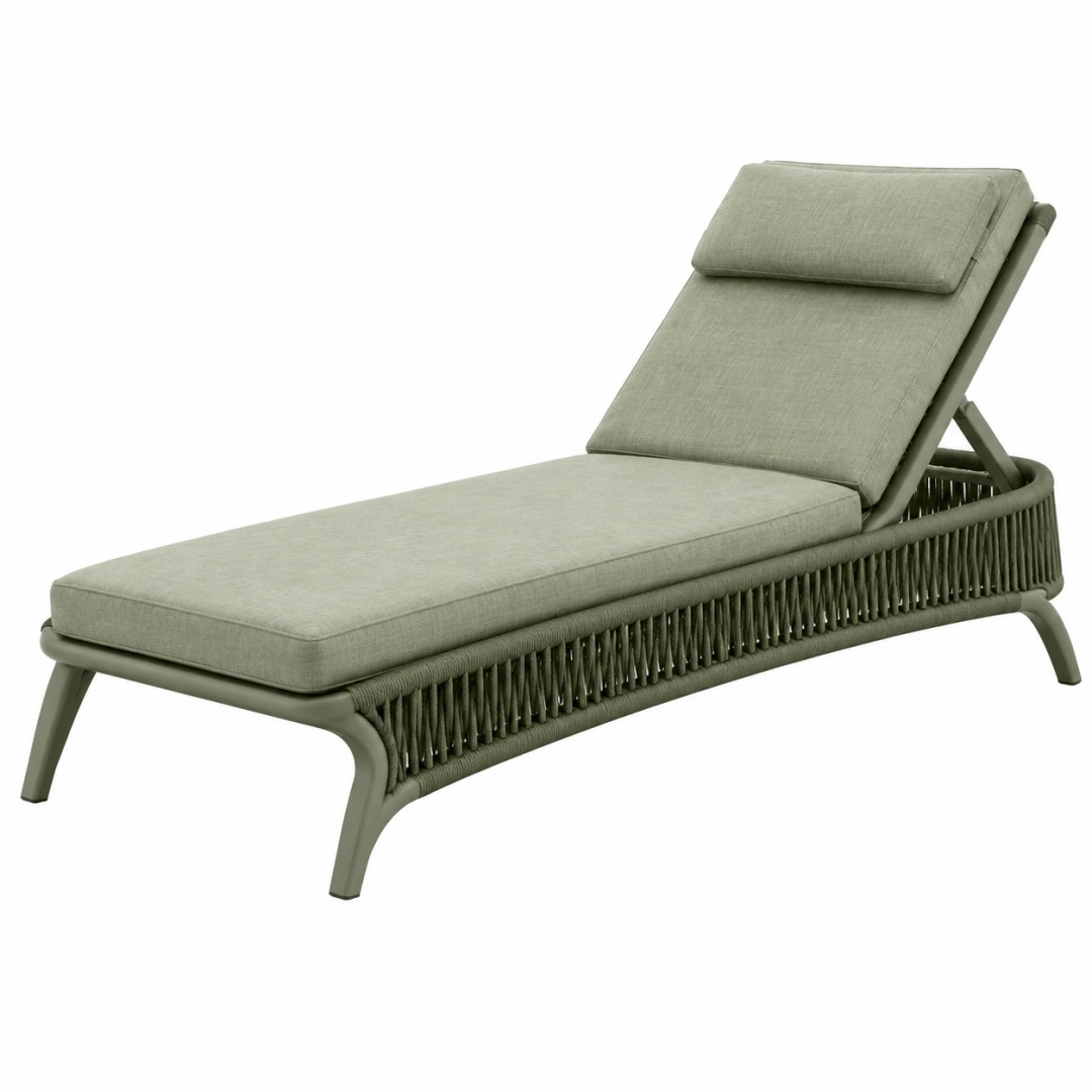 Chaise longue de jardin 200 x 75 x 95 cm en métal et corde vert olive inclinable