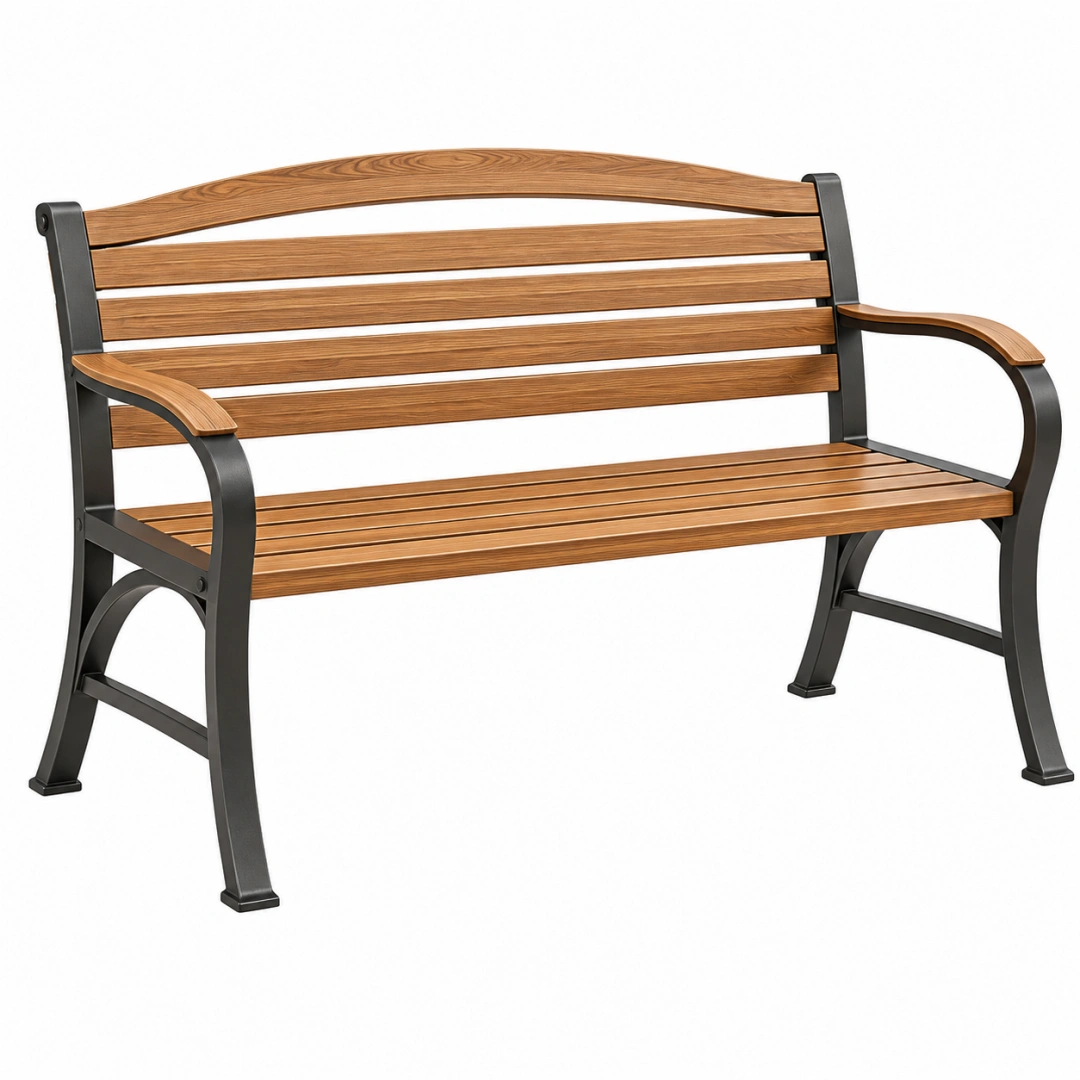 Banc de jardin 125 cm en bois et métal marron noir avec accoudoirs