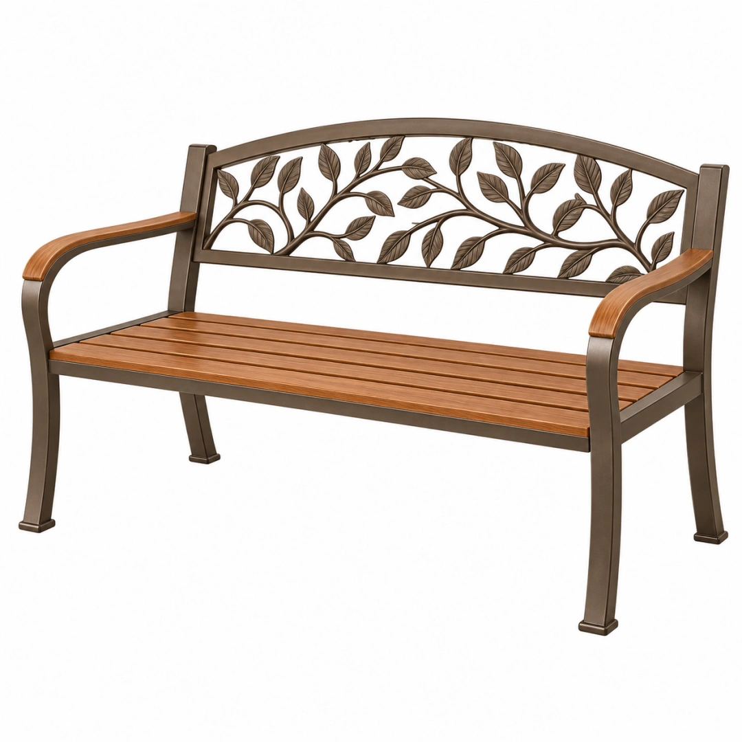 Banc de jardin 122 x 64 x 91 cm en métal et bois marron style végétal