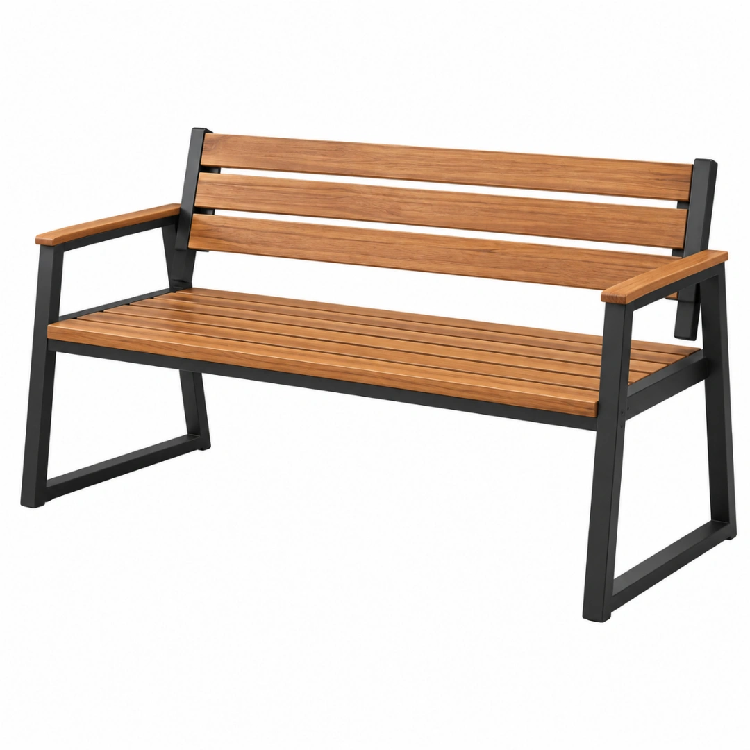 Banc de jardin 120 x 60 x 85 cm en bois marron et métal noir avec accoudoirs