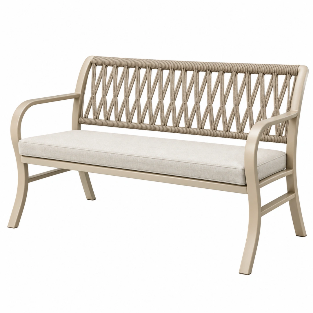 Banc de jardin 125 cm métal beige corde tressée style contemporain