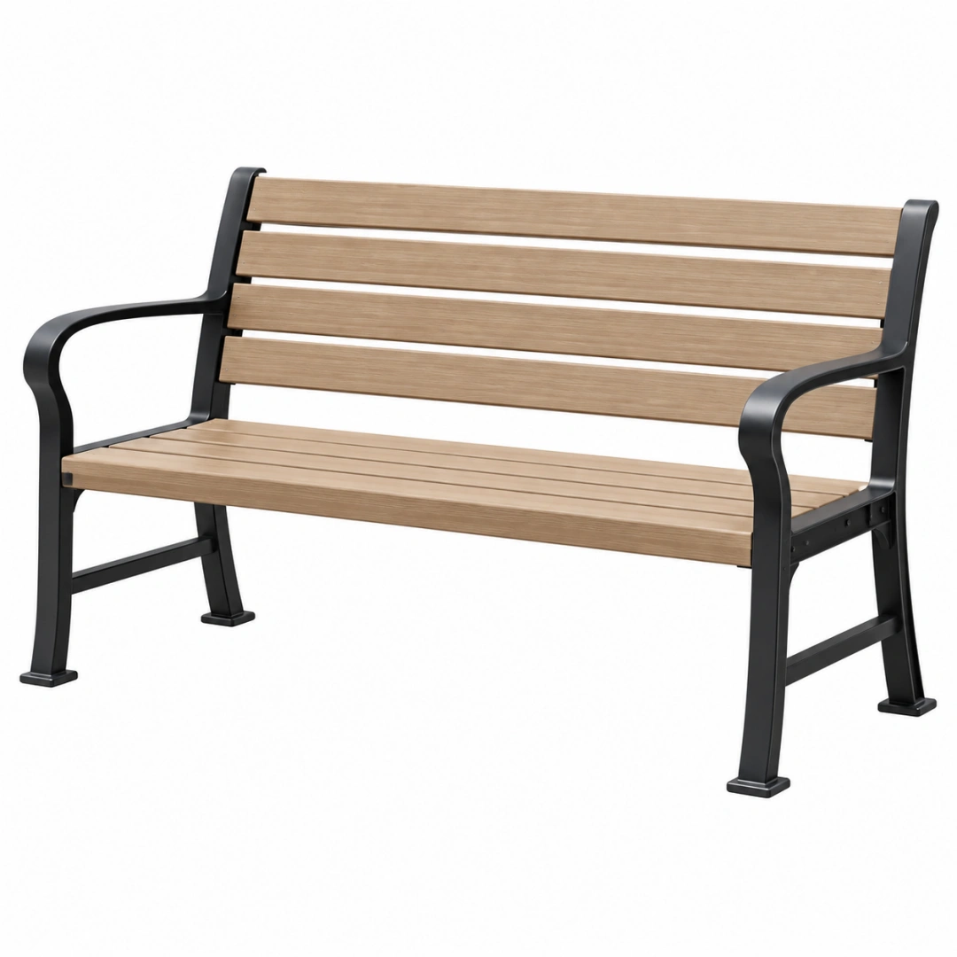 Banc de jardin 122 x 62 x 83 cm bois marron et acier noir avec accoudoirs