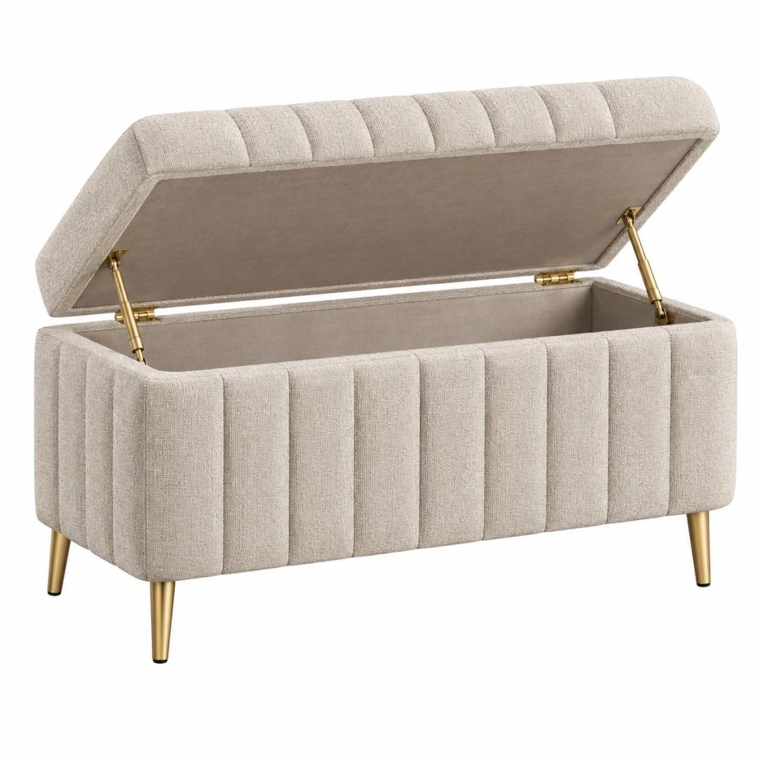 Banc coffre 100 x 40 x 50 cm en tissu beige avec pieds dorés style contemporain