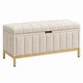 Banc coffre 100 x 40 x 48 cm en tissu bouclette beige avec structure métallique dorée