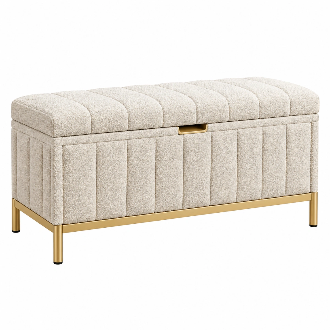Banc coffre 100 x 40 x 48 cm en tissu bouclette beige avec structure métallique dorée