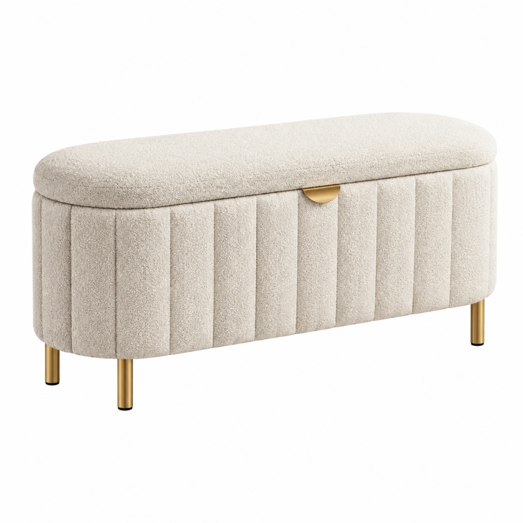 Banc de rangement 100 x 40 x 45 cm en tissu bouclette beige avec pieds métalliques dorés