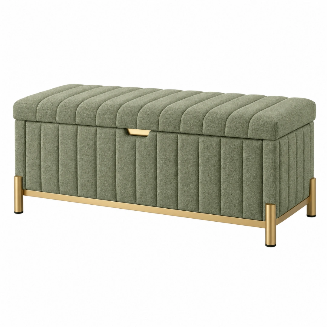 Coffre de rangement 120 x 45 x 50 cm en tissu vert avec pieds métalliques dorés style contemporain
